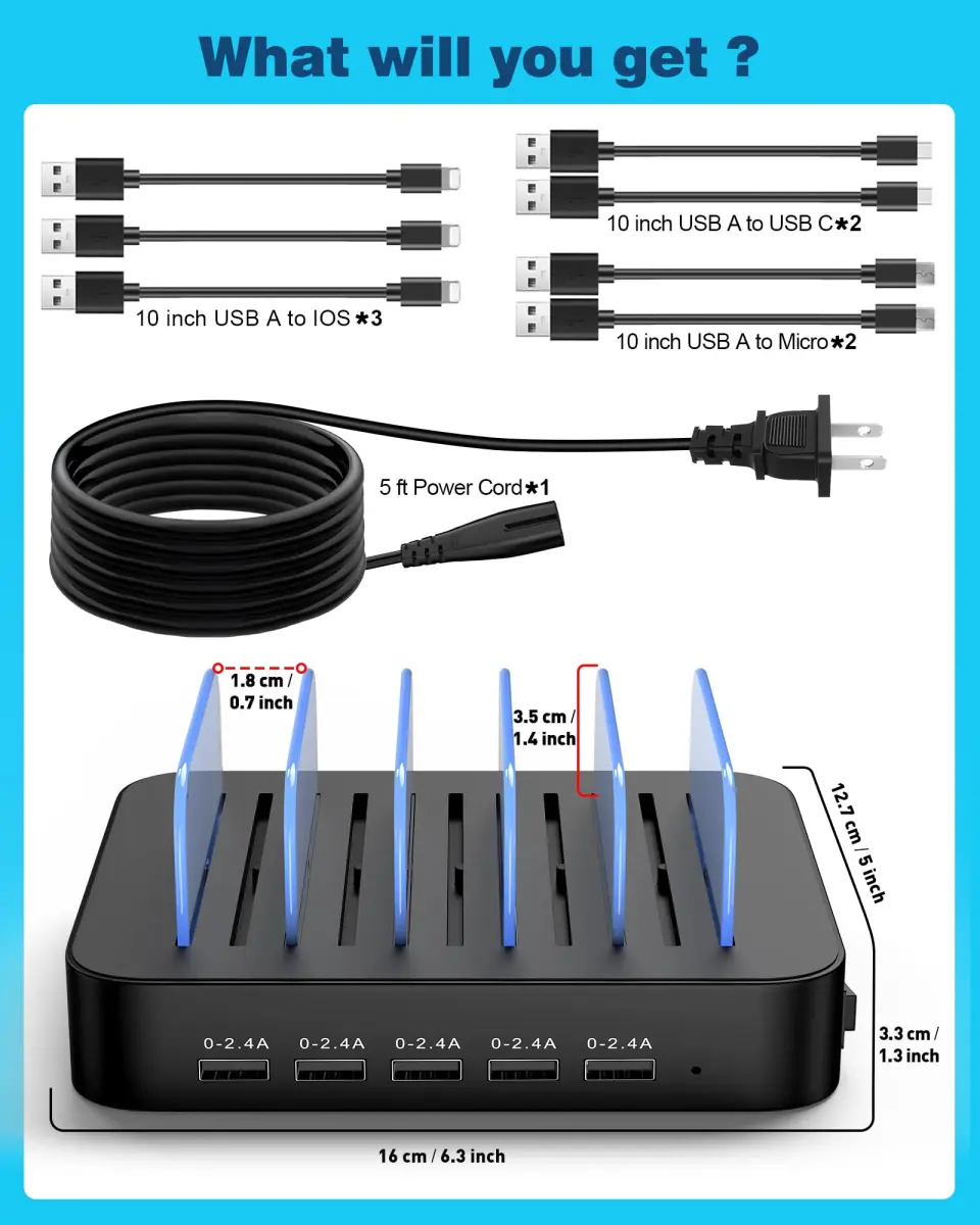 MSTJRY 5-Port USB-A Charging Station with 7 Cables, Black | 50W Fast Charging Dock for Phones & Tablets - view 7