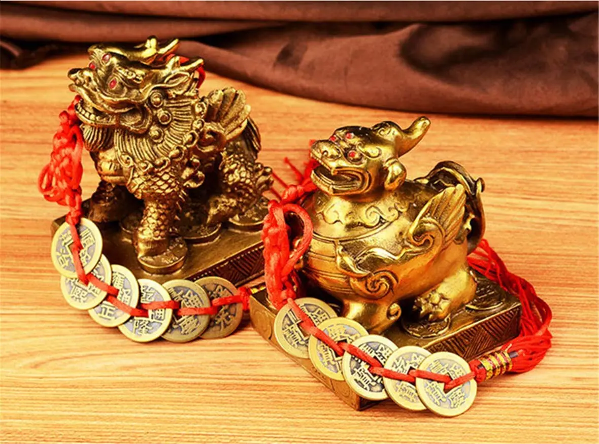 xiulin Feng Shui Bronze Pixiu Pair with Five Emperors Coins | Traditional Decorative Accents - view 4