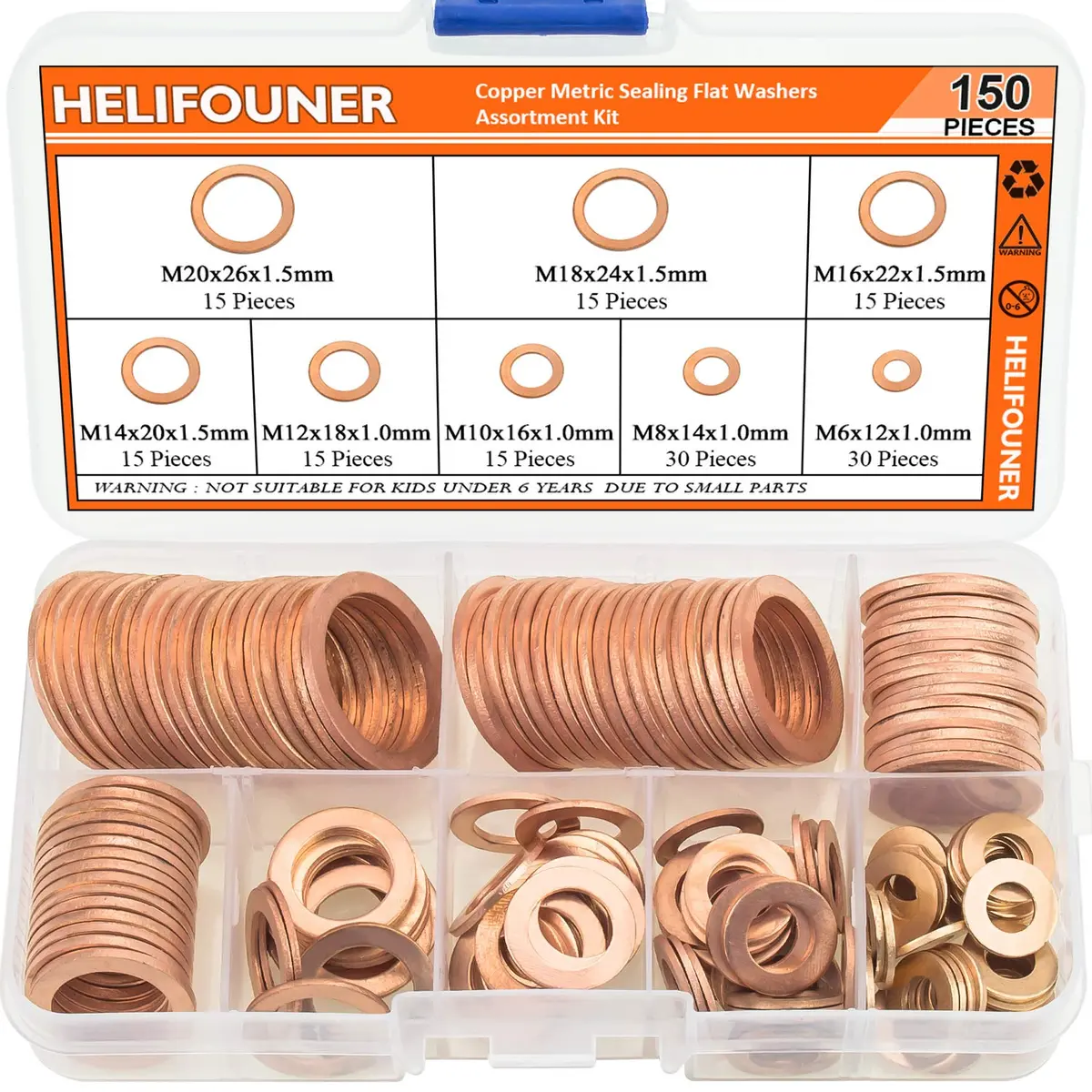 HELIFOUNER Copper Metric Sealing Washers Assortment Kit 150 PCS (M6-M20) | Corrosion Resistant Flat Washers for Electrical & Automotive - main product image