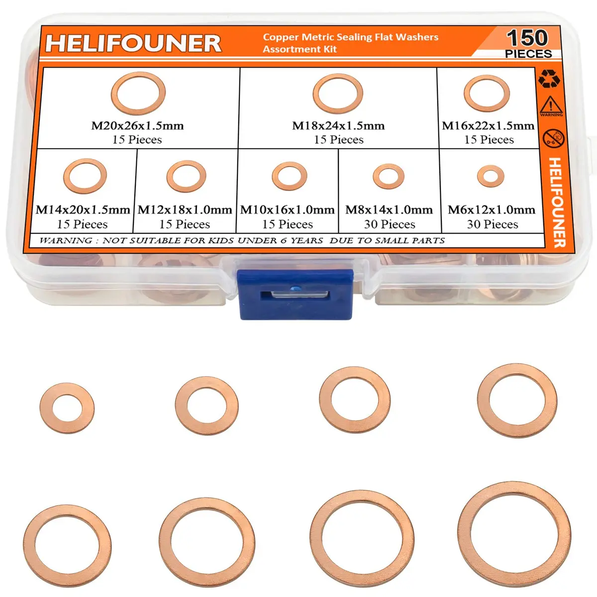 HELIFOUNER Copper Metric Sealing Washers Assortment Kit 150 PCS (M6-M20) | Corrosion Resistant Flat Washers for Electrical & Automotive - view 8