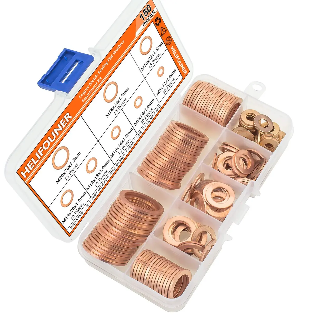 HELIFOUNER Copper Metric Sealing Washers Assortment Kit 150 PCS (M6-M20) | Corrosion Resistant Flat Washers for Electrical & Automotive - view 2