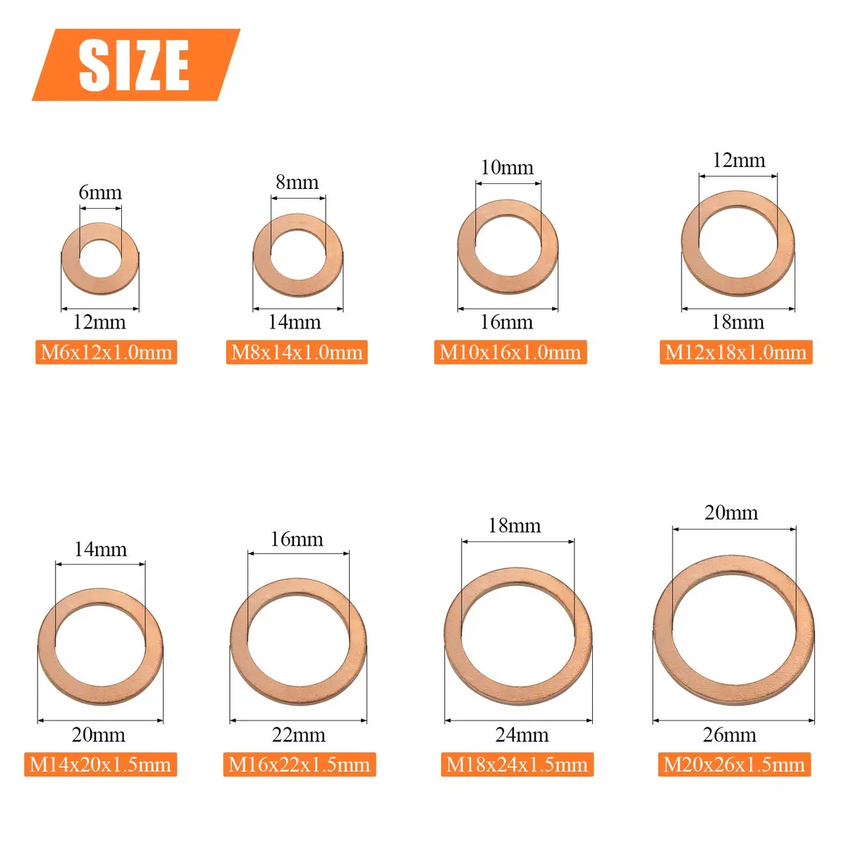HELIFOUNER Copper Metric Sealing Washers Assortment Kit 150 PCS (M6-M20) | Corrosion Resistant Flat Washers for Electrical & Automotive - view 3