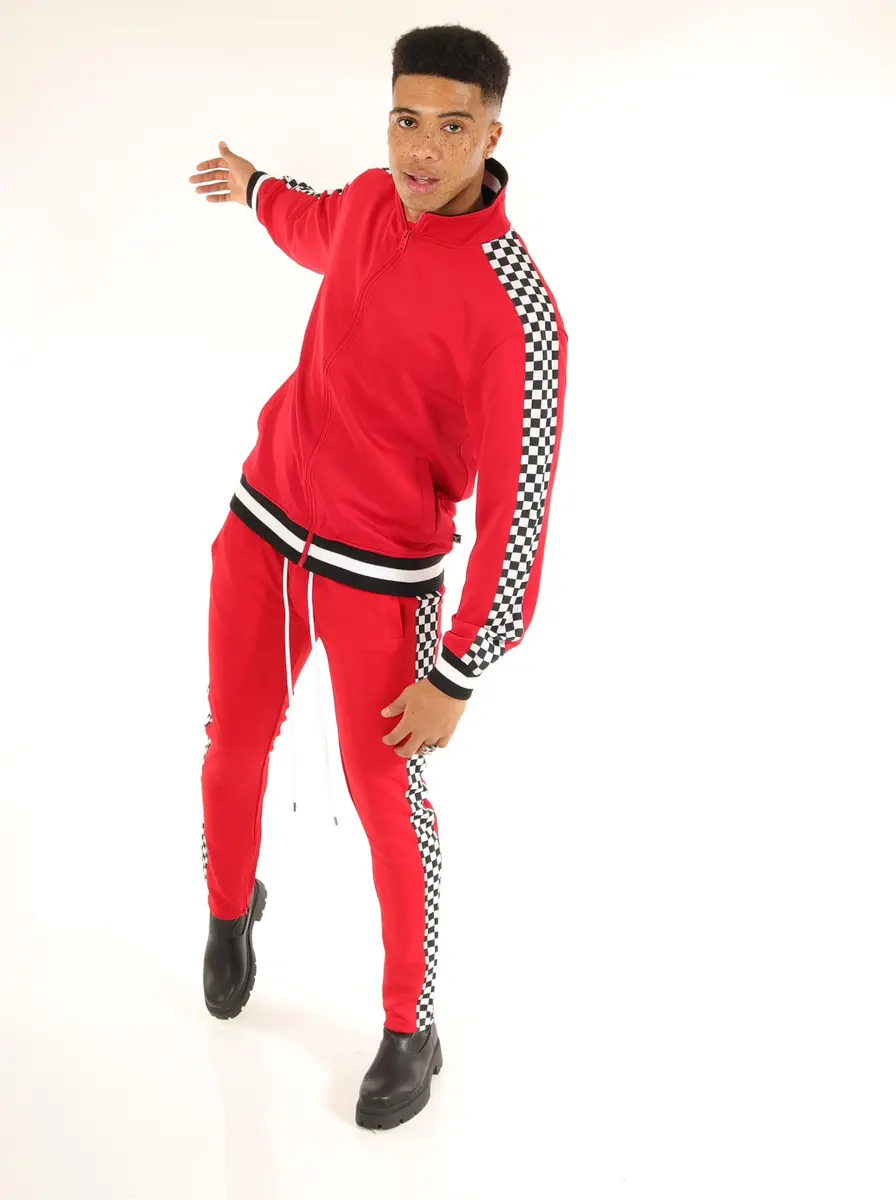 SCREENSHOT Mens Urban Hip Hop Slim Fit Track Jacket - Red | Checker Taped Fashion Top - view 2