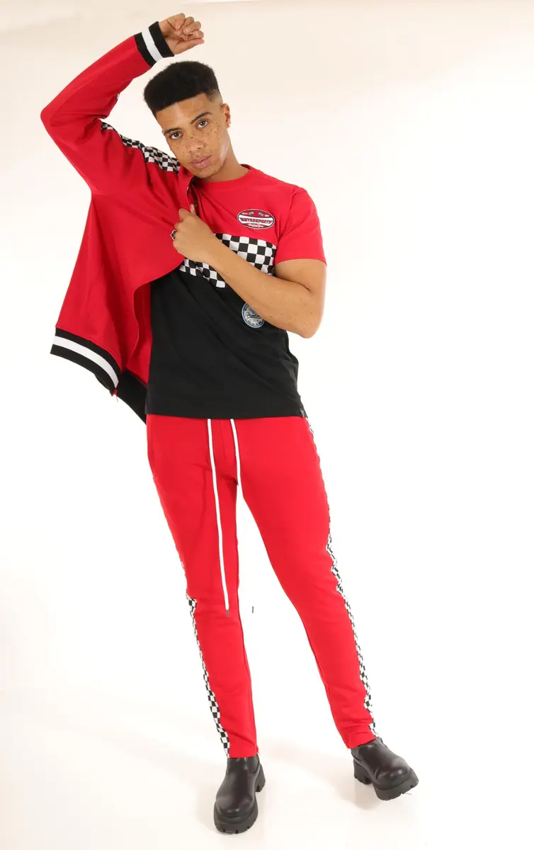 SCREENSHOT Mens Urban Hip Hop Slim Fit Track Jacket - Red | Checker Taped Fashion Top - view 4