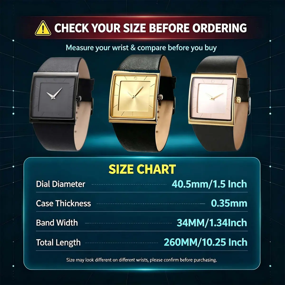 SIBOSUN Minimalist Square Men's Watch Black Dial 41mm Case | Classic Business Style Quartz Analog - view 4