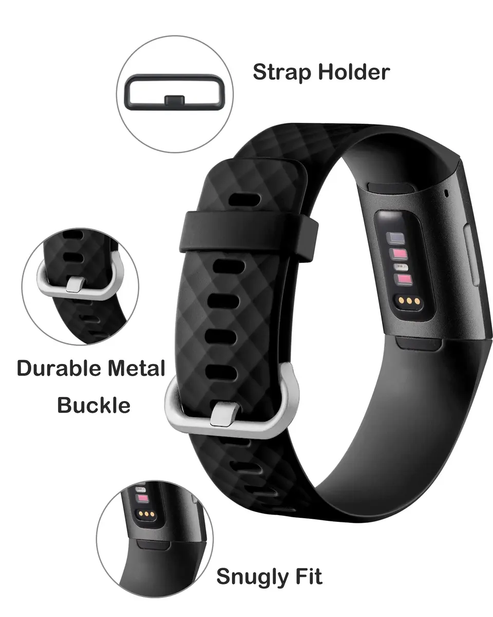 Hamile Waterproof Silicone Sport Watch Band for Fitbit Charge 4/3, Large, Black | Durable, Water-Resistant Fitness Strap - view 2