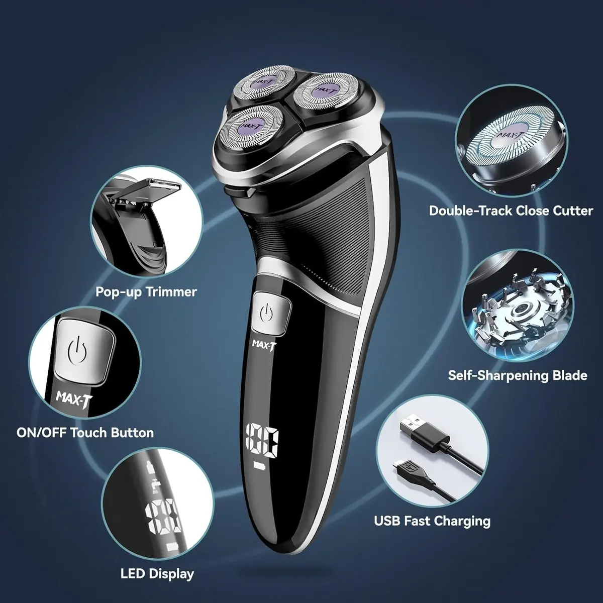MAX-T Men's Electric Shaver 3D Rotary Wet & Dry Waterproof Rechargeable | Close & Comfortable Shave - view 8
