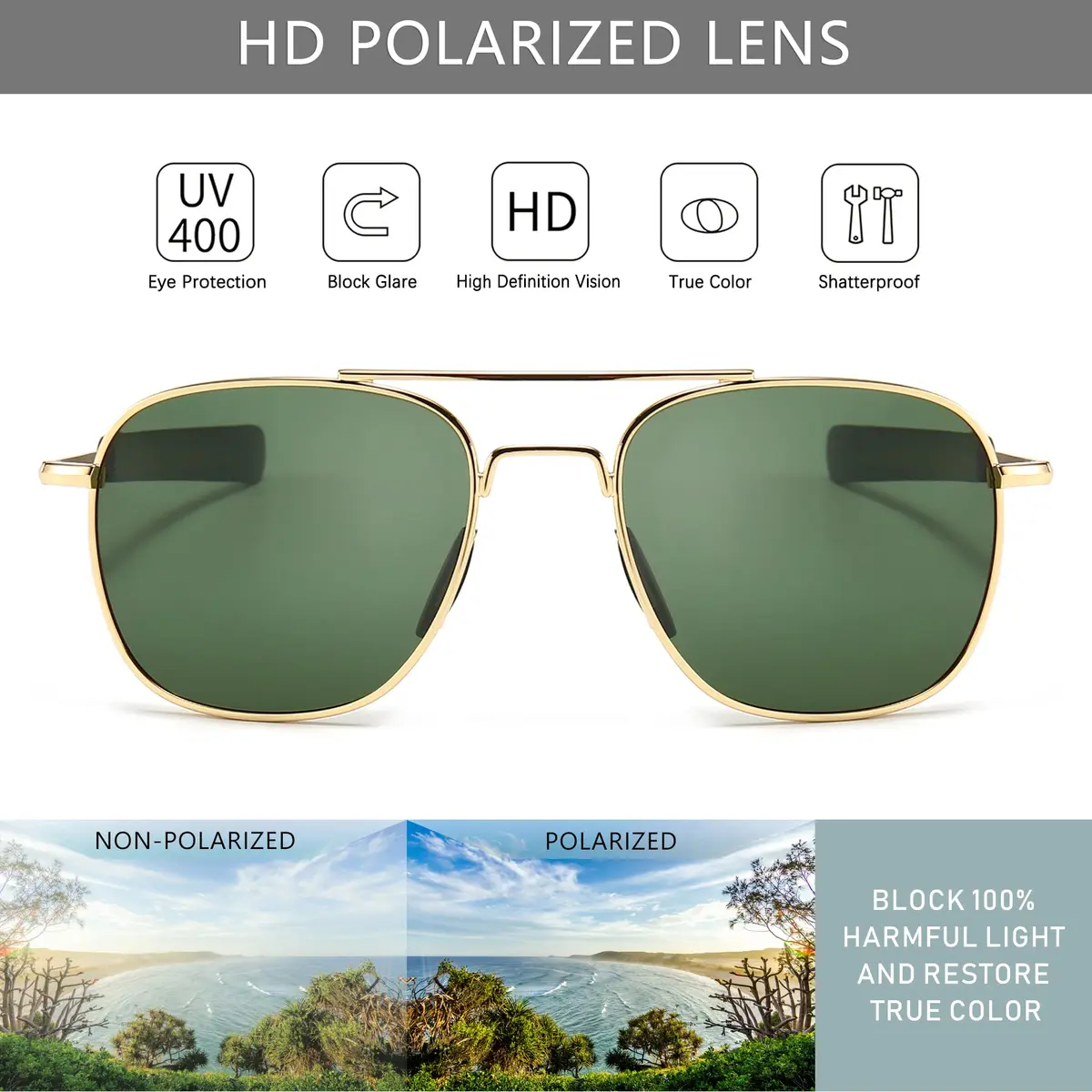 SUNGAIT Men's Military Style Polarized Pilot Aviator Sunglasses with Bayonet Temples | HD Polarized UV Protection - view 2