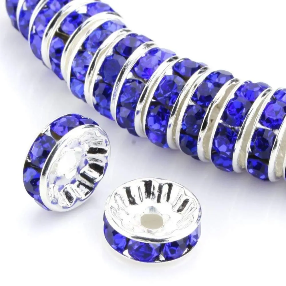 Allb Blue Czech Crystal Rondelle Spacer Beads 6mm (100 Pcs) | Silver Plated Rhinestone for Jewelry Making - main product image