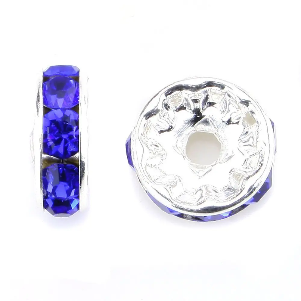 Allb Blue Czech Crystal Rondelle Spacer Beads 6mm (100 Pcs) | Silver Plated Rhinestone for Jewelry Making - view 2