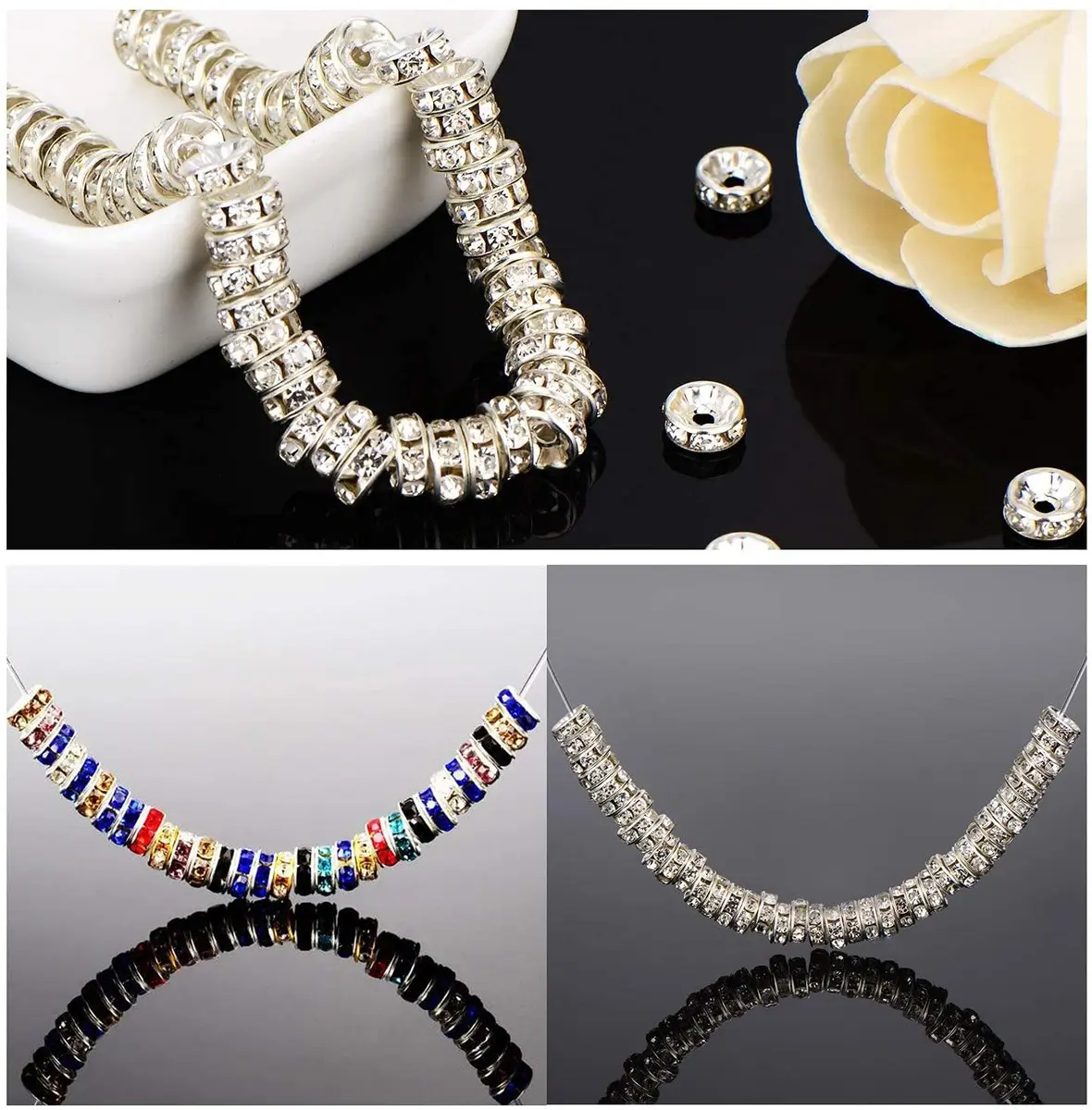 Allb Blue Czech Crystal Rondelle Spacer Beads 6mm (100 Pcs) | Silver Plated Rhinestone for Jewelry Making - view 3