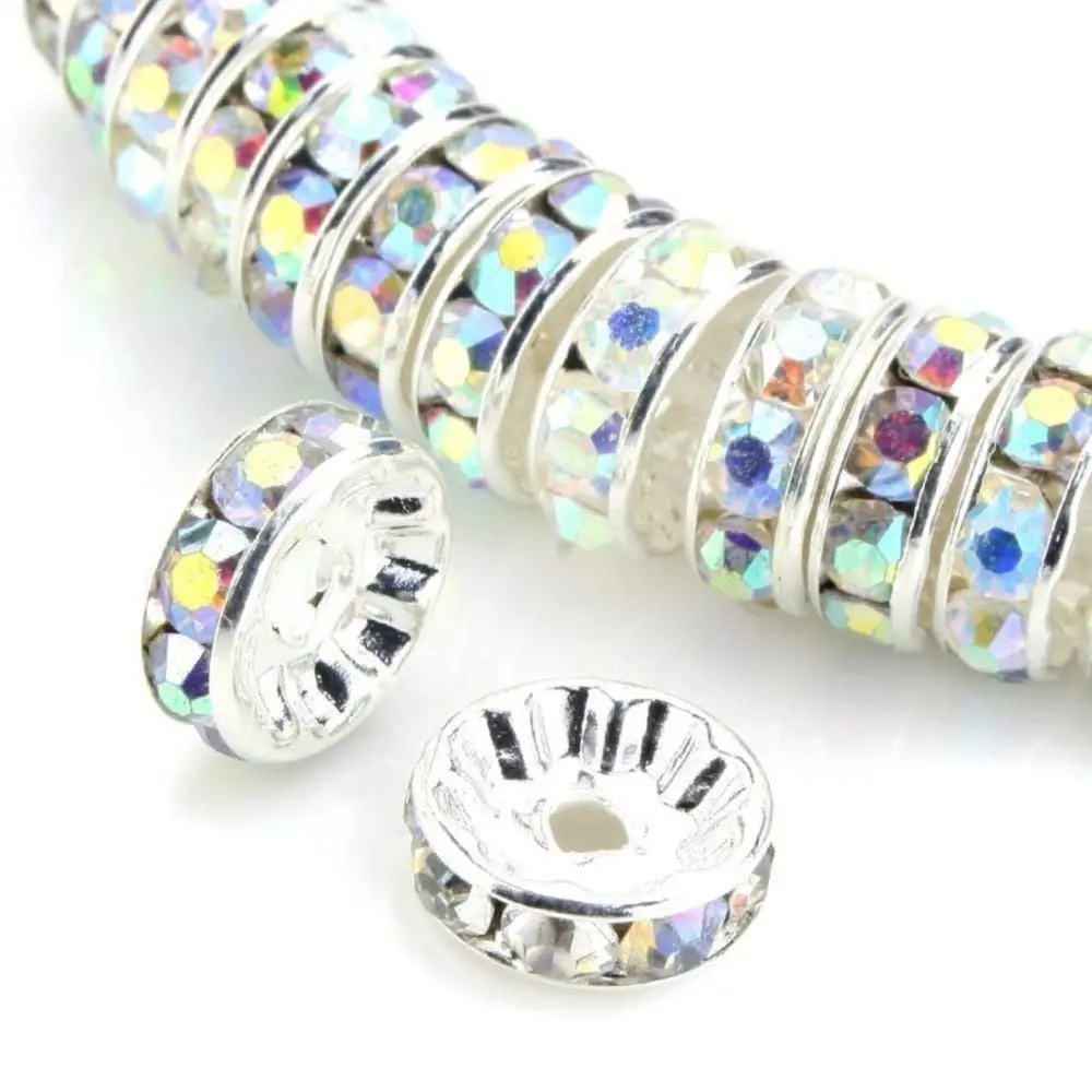 Allb 100Pcs 8mm Crystal Rondelle Spacer Beads | Multicolored Silver Plated Rhinestone for Jewelry Making - main product image