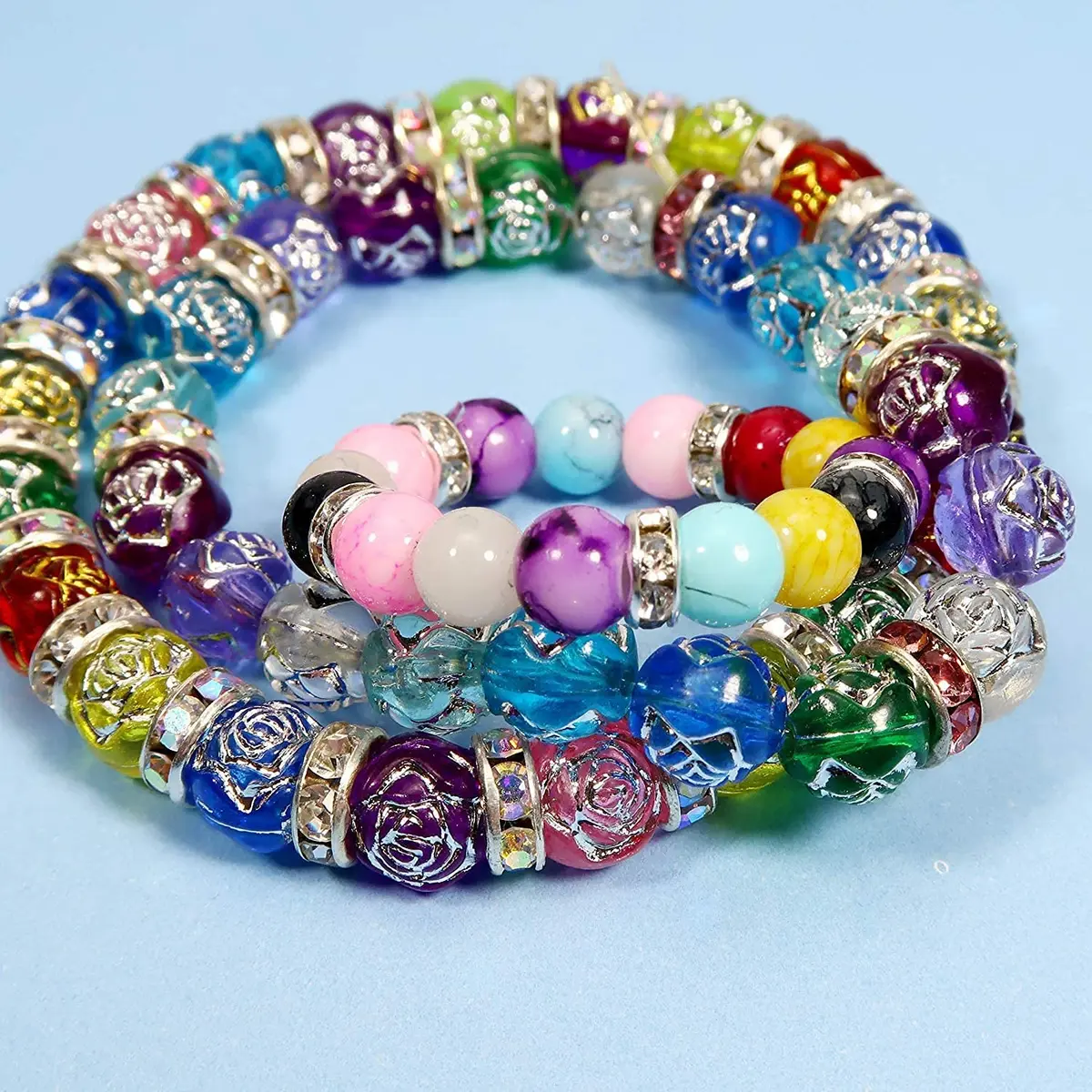 Allb 100Pcs 8mm Crystal Rondelle Spacer Beads | Multicolored Silver Plated Rhinestone for Jewelry Making - view 5