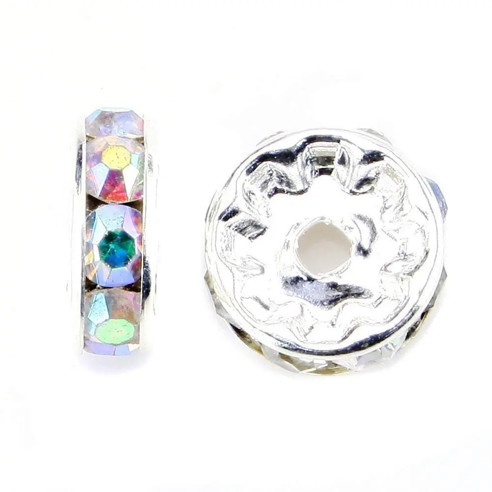 Allb 100Pcs 8mm Crystal Rondelle Spacer Beads | Multicolored Silver Plated Rhinestone for Jewelry Making - view 2