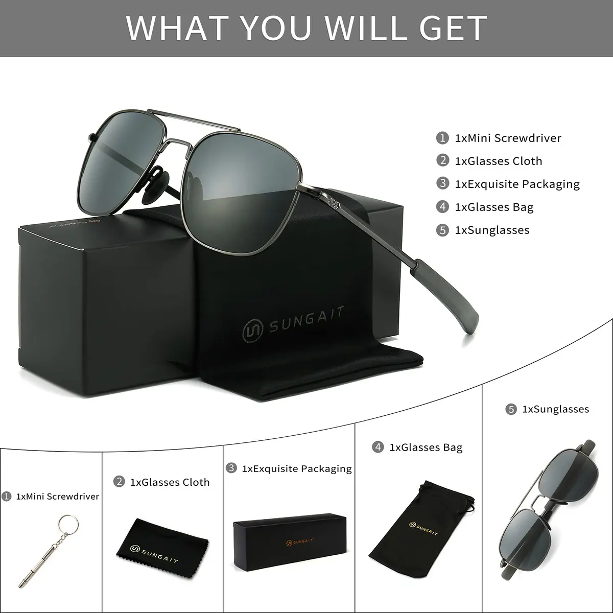 SUNGAIT Men's Military Style Polarized Pilot Aviator Sunglasses Gunmetal/Gray | UV Protection - view 7