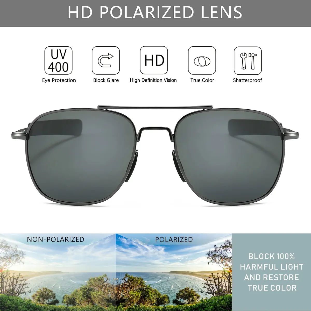 SUNGAIT Men's Military Style Polarized Pilot Aviator Sunglasses Gunmetal/Gray | UV Protection - view 3