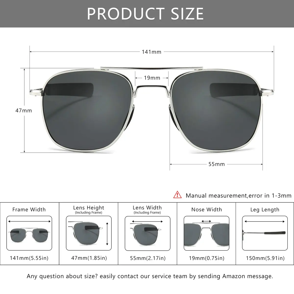SUNGAIT Men's Military Style Polarized Pilot Aviator Sunglasses Silver Frame/Gray Lens 55mm (2.17in) | UV Protection - view 5