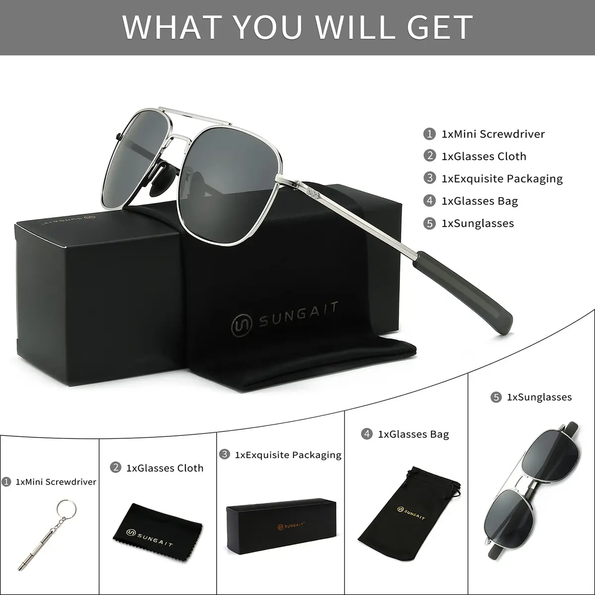 SUNGAIT Men's Military Style Polarized Pilot Aviator Sunglasses Silver Frame/Gray Lens 55mm (2.17in) | UV Protection - view 6