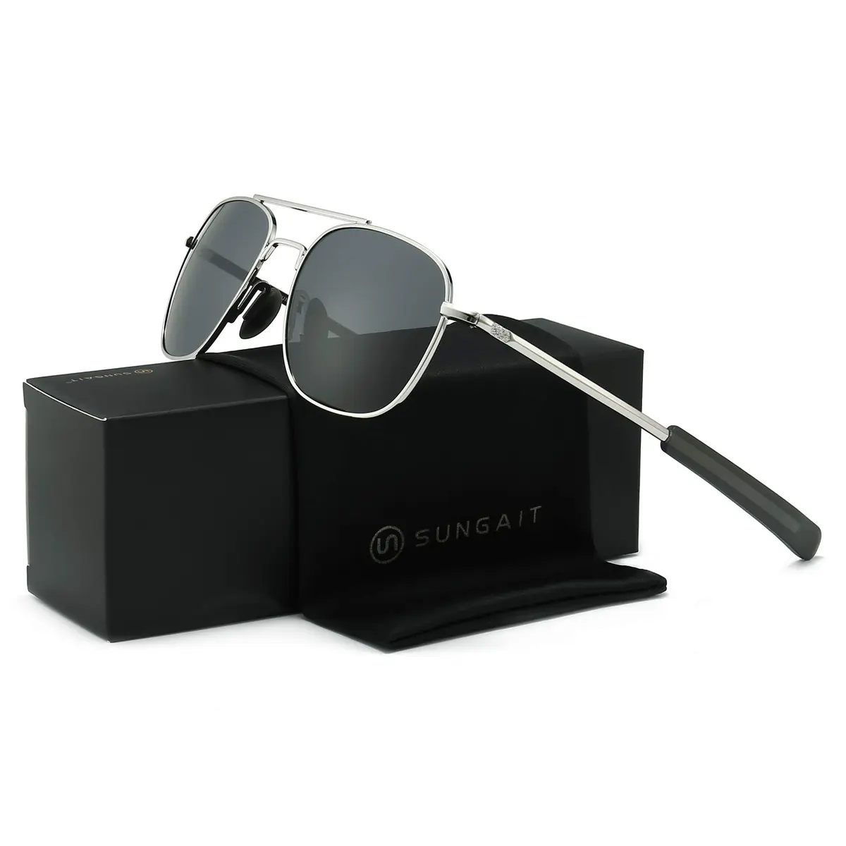 SUNGAIT Men's Military Style Polarized Pilot Aviator Sunglasses Silver Frame/Gray Lens 55mm (2.17in) | UV Protection - view 7