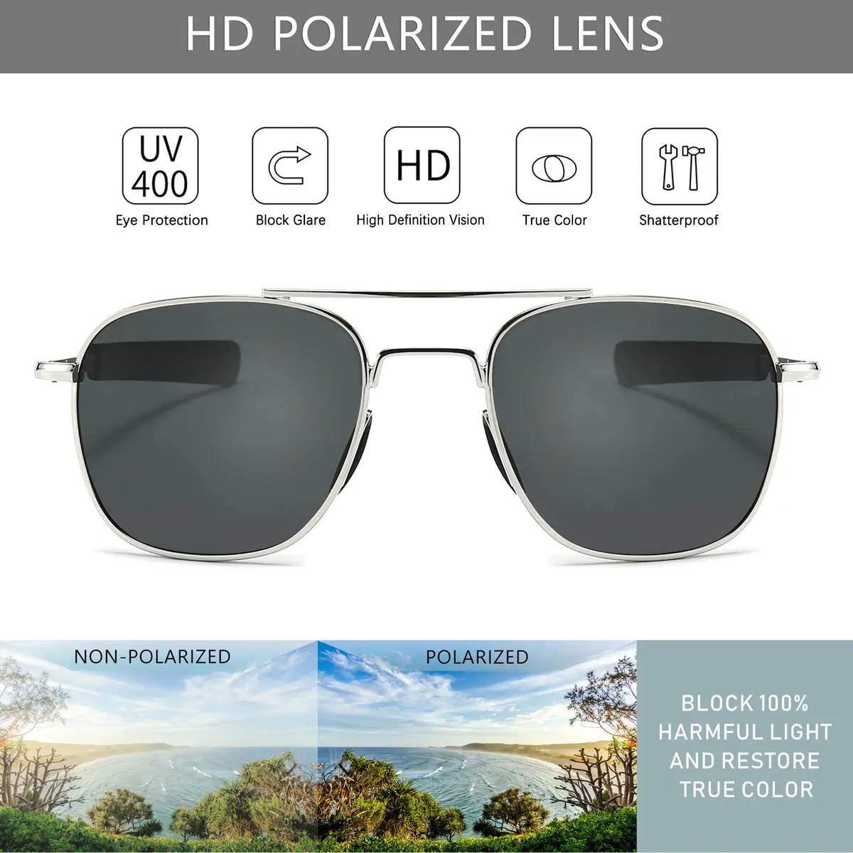SUNGAIT Men's Military Style Polarized Pilot Aviator Sunglasses Silver Frame/Gray Lens 55mm (2.17in) | UV Protection - view 2