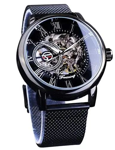 FORSINING Men's Mechanical Skeleton Watch 41mm (1.61 in) Black | Retro Design with Roman Numerals - main product image