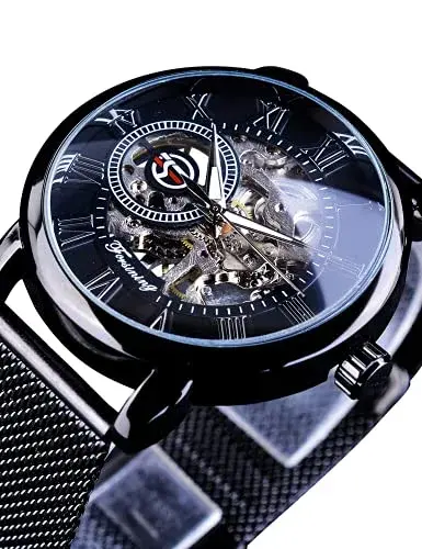 FORSINING Men's Mechanical Skeleton Watch 41mm (1.61 in) Black | Retro Design with Roman Numerals - view 2