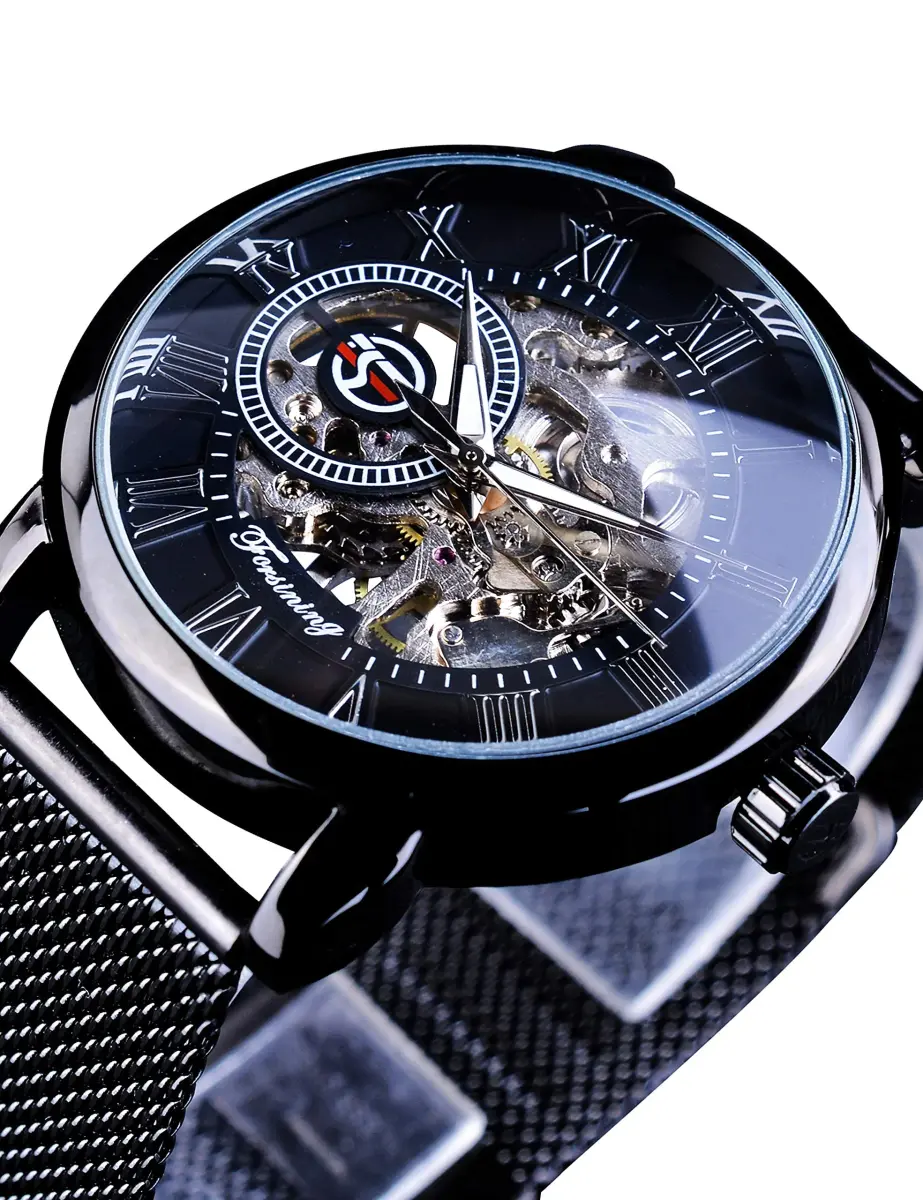 FORSINING Men's Mechanical Skeleton Watch 41mm (1.61 in) Black | Retro Design with Roman Numerals - view 2