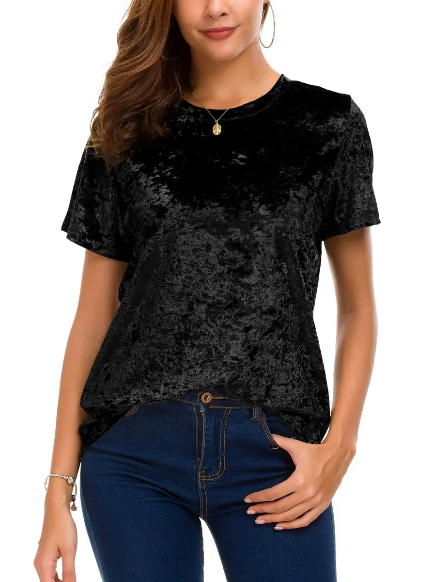 Urban CoCo Women's Crew Neck Velvet Top Short Sleeve T-Shirt Black | Retro Style, Soft Polyester Blend - view 5