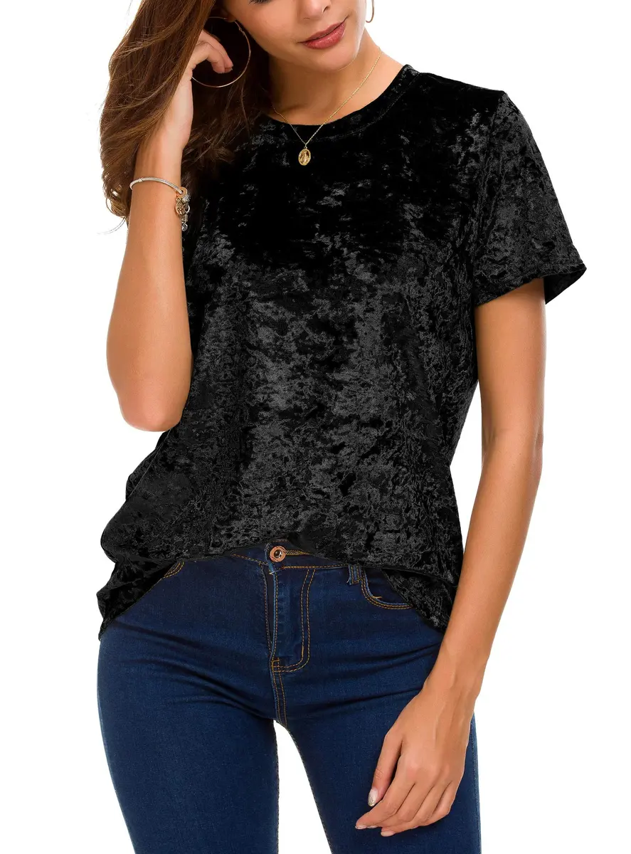 Urban CoCo Women's Crew Neck Velvet Top Short Sleeve T-Shirt Black | Retro Style, Soft Polyester Blend - view 6