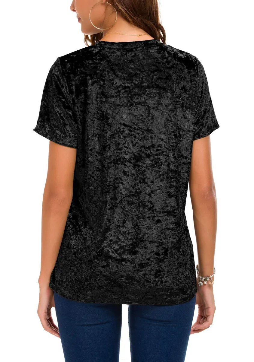 Urban CoCo Women's Crew Neck Velvet Top Short Sleeve T-Shirt Black | Retro Style, Soft Polyester Blend - view 7