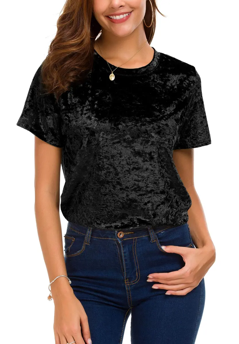 Urban CoCo Women's Crew Neck Velvet Top Short Sleeve T-Shirt Black | Retro Style, Soft Polyester Blend - view 2