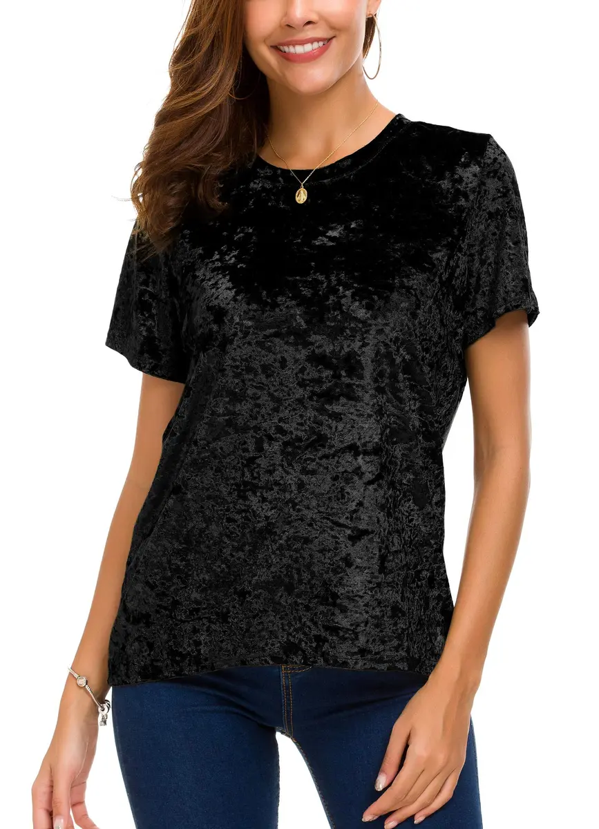 Urban CoCo Women's Crew Neck Velvet Top Short Sleeve T-Shirt Black | Retro Style, Soft Polyester Blend - view 3