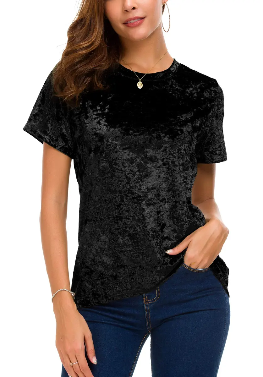 Urban CoCo Women's Crew Neck Velvet Top Short Sleeve T-Shirt Black | Retro Style, Soft Polyester Blend - view 4