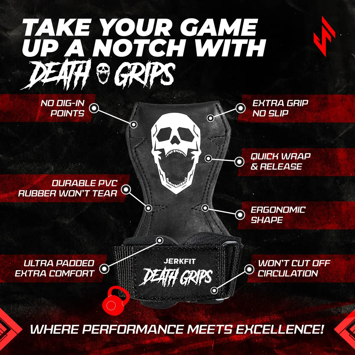 JerkFit Death Grips Lifting Straps for Deadlifts & Pull-Ups | Padded Support & Increased Grip (Medium) - view 2