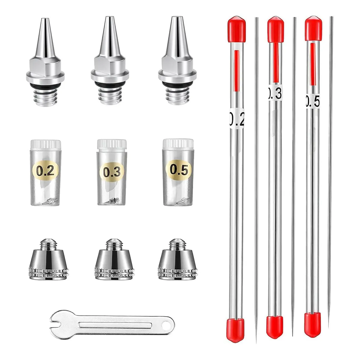HUBEST Airbrush Replacement Parts Kit with 0.2mm, 0.3mm, 0.5mm Nozzles, Needles & Caps, Includes Wrench | Standard Dual-Action Gravity Feed Compatible - main product image