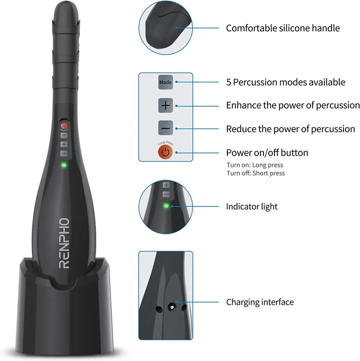 RENPHO Rechargeable Handheld Back Massager with 5 Speeds & 5 Modes | Deep Tissue Percussion, Cordless, 140 Min Runtime - view 5