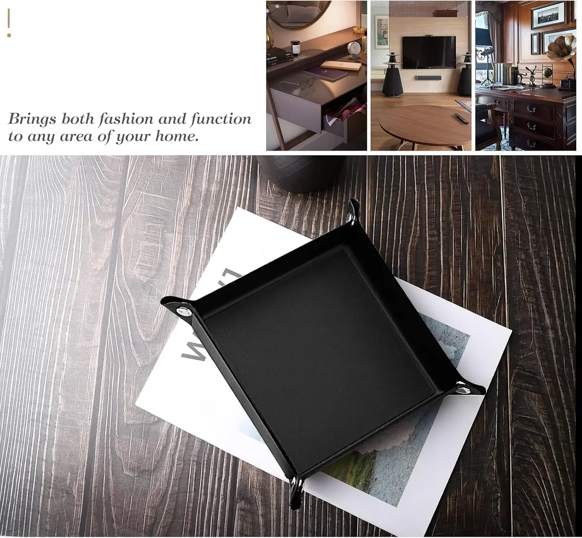 Luxspire Black PU Valet Tray for Keys, Coins, Jewelry & Phone | 16cm x 16cm (6.3" x 6.3") - view 5