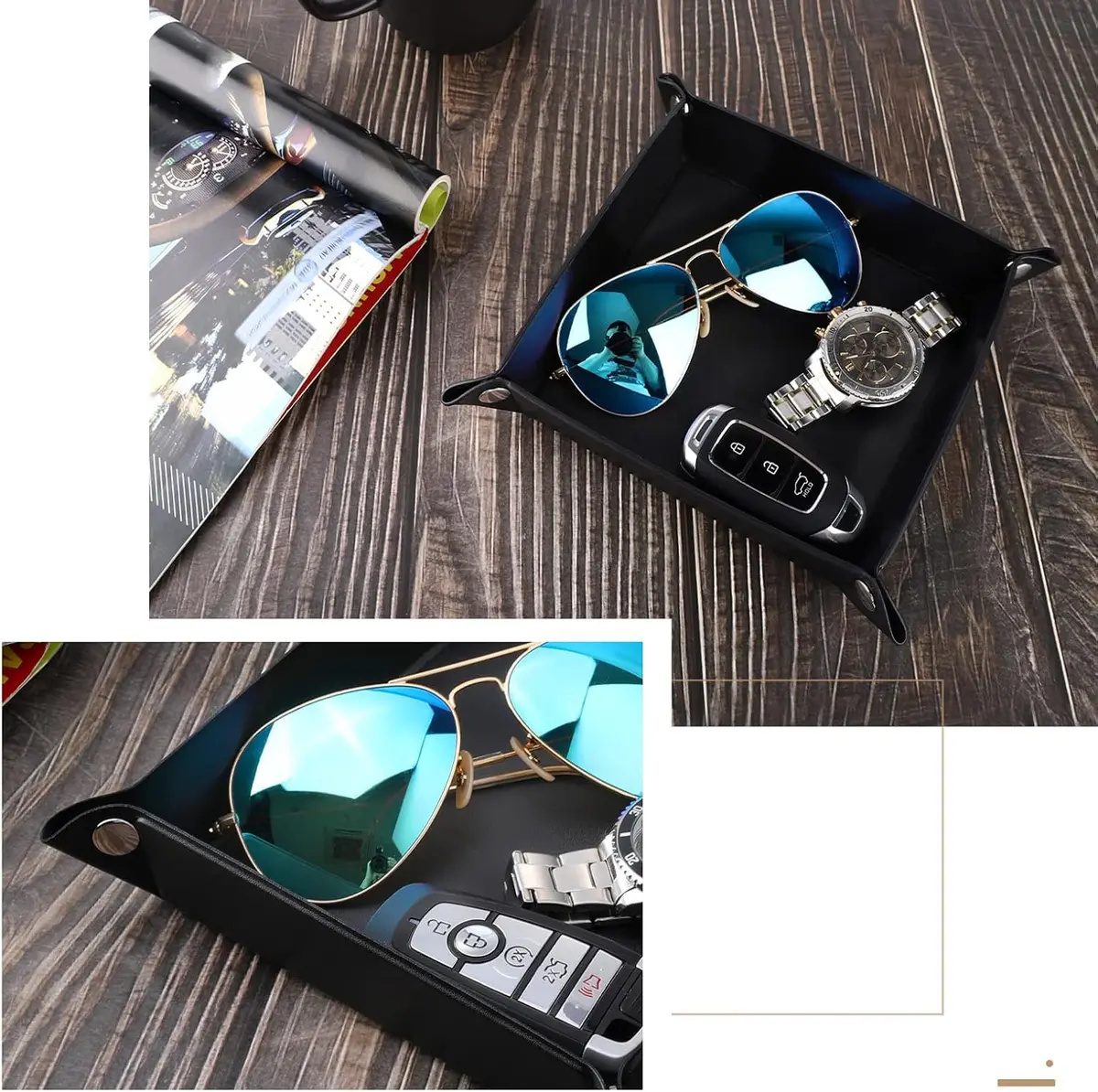 Luxspire Black PU Valet Tray for Keys, Coins, Jewelry & Phone | 16cm x 16cm (6.3" x 6.3") - view 7
