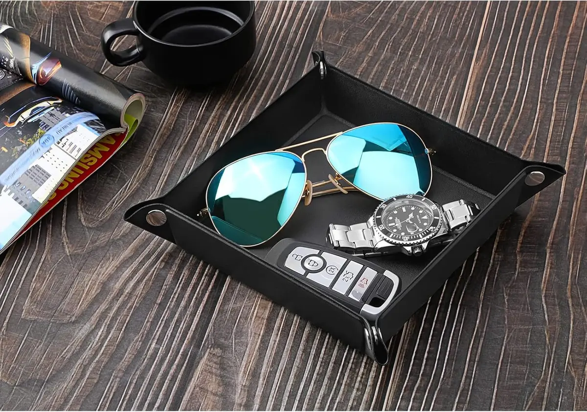 Luxspire Black PU Valet Tray for Keys, Coins, Jewelry & Phone | 16cm x 16cm (6.3" x 6.3") - view 3