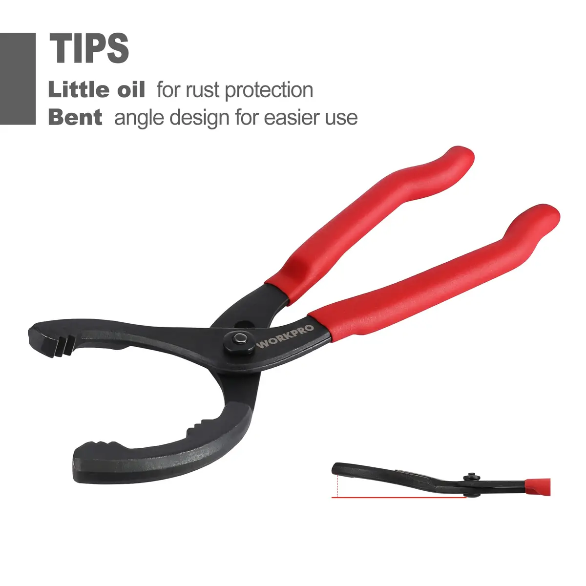 WORKPRO 12" Adjustable Oil Filter Pliers, Heavy Duty Steel Wrench with Bent Head & Red Grips | Fits 2-3/8" to 4-1/2" Filters - view 5