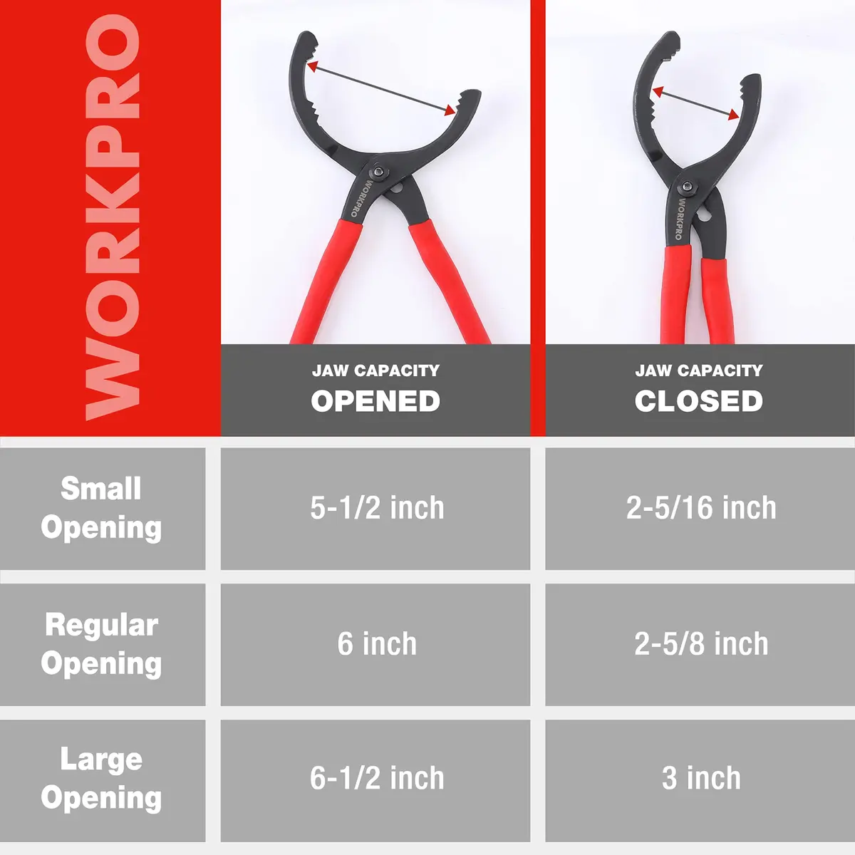 WORKPRO 12" Adjustable Oil Filter Pliers, Heavy Duty Steel Wrench with Bent Head & Red Grips | Fits 2-3/8" to 4-1/2" Filters - view 6