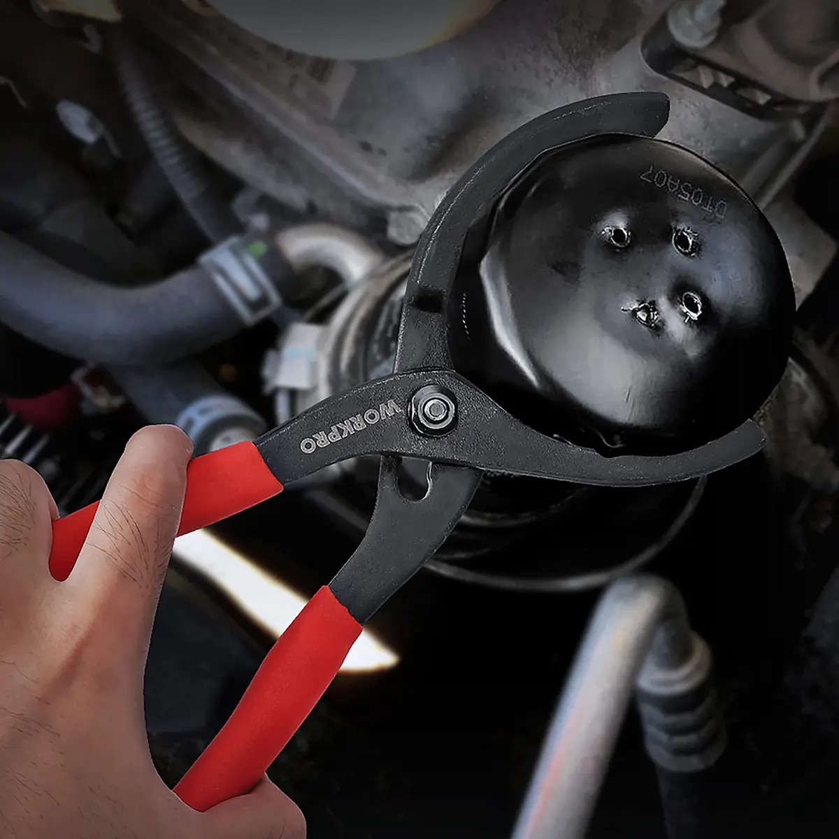 WORKPRO 12" Adjustable Oil Filter Pliers, Heavy Duty Steel Wrench with Bent Head & Red Grips | Fits 2-3/8" to 4-1/2" Filters - view 7