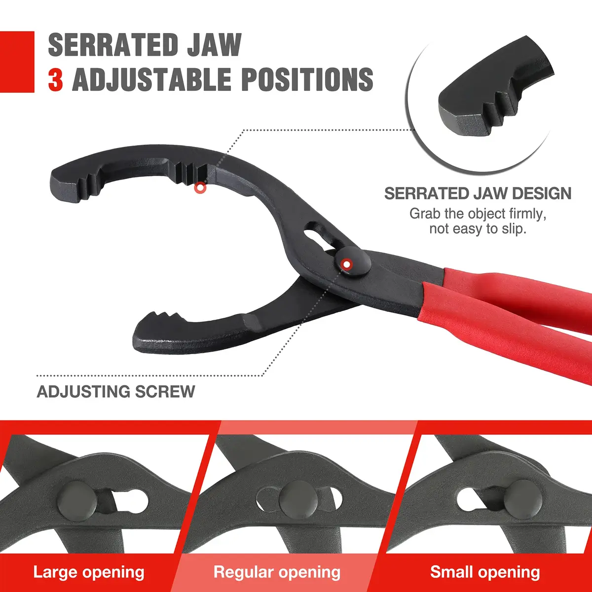 WORKPRO 12" Adjustable Oil Filter Pliers, Heavy Duty Steel Wrench with Bent Head & Red Grips | Fits 2-3/8" to 4-1/2" Filters - view 2