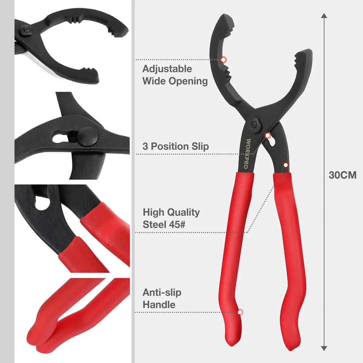 WORKPRO 12" Adjustable Oil Filter Pliers, Heavy Duty Steel Wrench with Bent Head & Red Grips | Fits 2-3/8" to 4-1/2" Filters - view 4