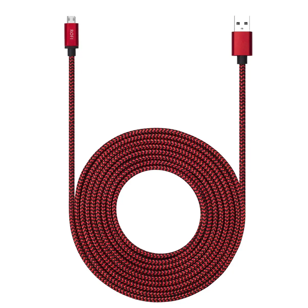 RoFI Red Micro USB Cable 15ft (4.57m) with 3A Fast Charging | Durable Nylon Braided Charger Cord - main product image