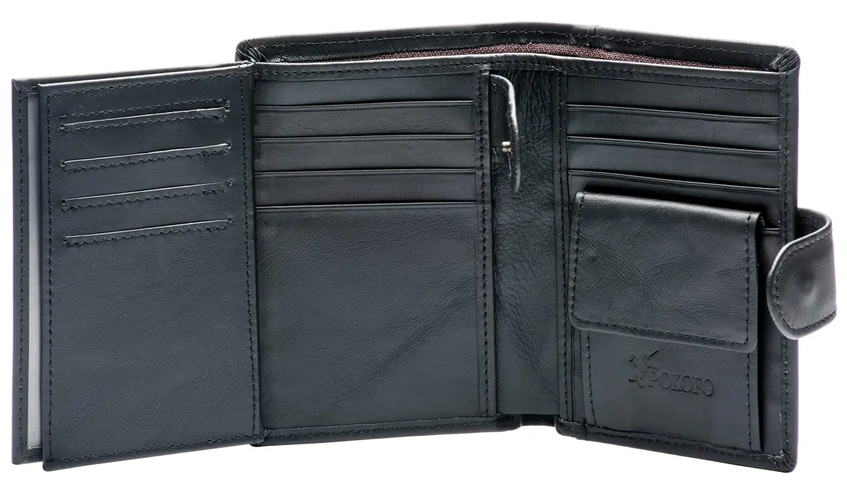 POKOFO Genuine Leather RFID Blocking Trifold Wallet for Men | 14 Card Slots, Black - main product image