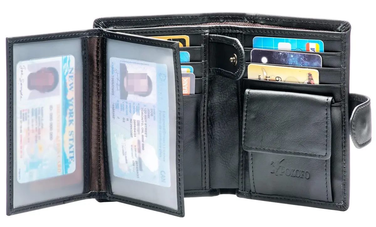 POKOFO Genuine Leather RFID Blocking Trifold Wallet for Men | 14 Card Slots, Black - view 3