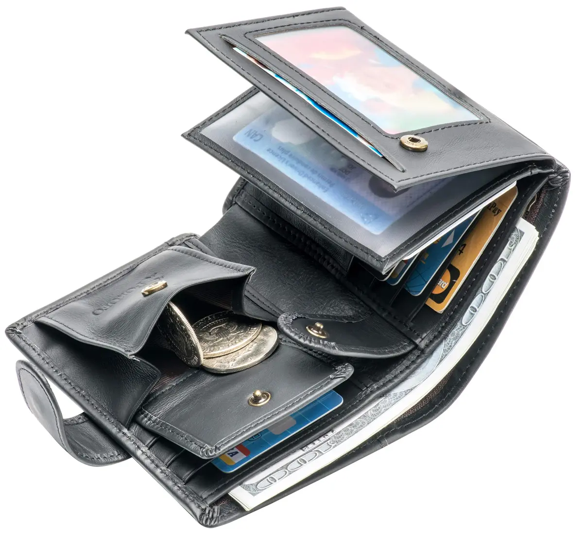 POKOFO Genuine Leather RFID Blocking Trifold Wallet for Men | 14 Card Slots, Black - view 4