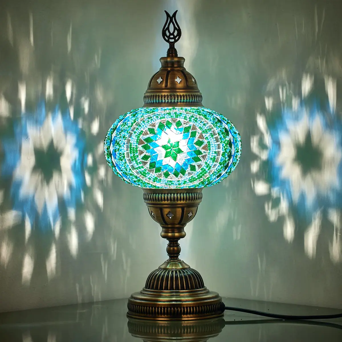 DEMMEX 7" Large Globe Turkish Moroccan Mosaic Table Lamp | Handcrafted Tiffany-Style Colorful Glass Bedside & Decor (14" H, Turquoise) - main product image