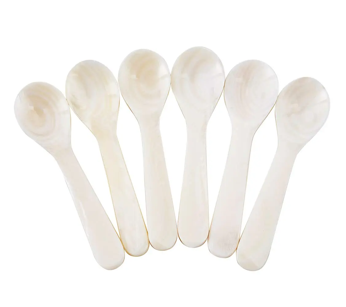 DUEBEL Set of 6 White Mother of Pearl Caviar Spoons for Caviar, Egg, Coffee Serving, Restaurant Serving Set (3.55) - main product image